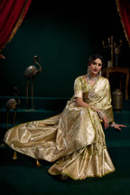 Monjolika Fashion Green Soft Banarasi Satin Silk With Gold Zari Saree With Blouse Piece | Grocsy