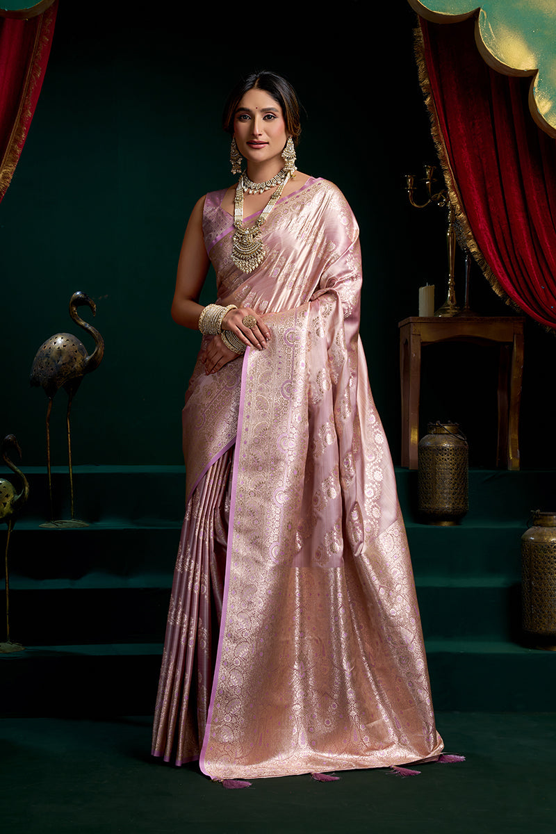 Monjolika Fashion Lavender Soft Banarasi Satin Silk With Gold Zari Saree With Blouse Piece | Grocsy