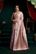 Monjolika Fashion Lavender Soft Banarasi Satin Silk With Gold Zari Saree With Blouse Piece | Grocsy