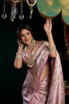 Monjolika Fashion Lavender Soft Banarasi Satin Silk With Gold Zari Saree With Blouse Piece | Grocsy