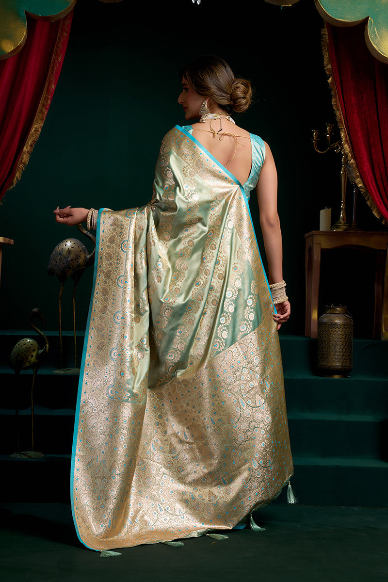 Monjolika Fashion Sea Green Soft Banarasi Satin Silk With Gold Zari Saree With Blouse Piece | Grocsy