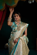 Monjolika Fashion Sea Green Soft Banarasi Satin Silk With Gold Zari Saree With Blouse Piece | Grocsy