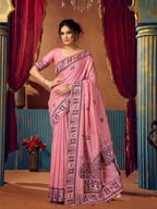 Monjolika Fashion Pink Cotton Blend Warli Work Saree with Unstitched Blouse | Grocsy