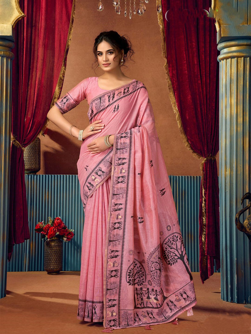 Monjolika Fashion Pink Cotton Blend Warli Work Saree with Unstitched Blouse | Grocsy