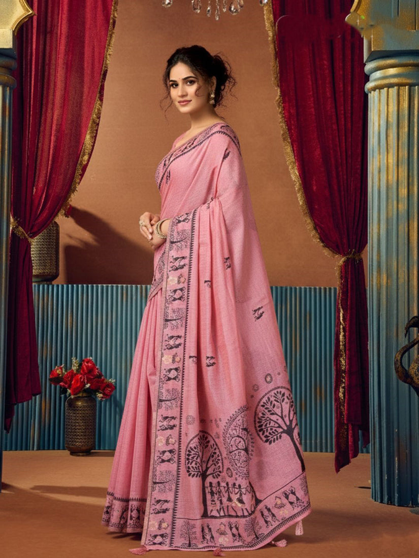 Monjolika Fashion Pink Cotton Blend Warli Work Saree with Unstitched Blouse | Grocsy