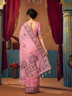 Monjolika Fashion Pink Cotton Blend Warli Work Saree with Unstitched Blouse | Grocsy
