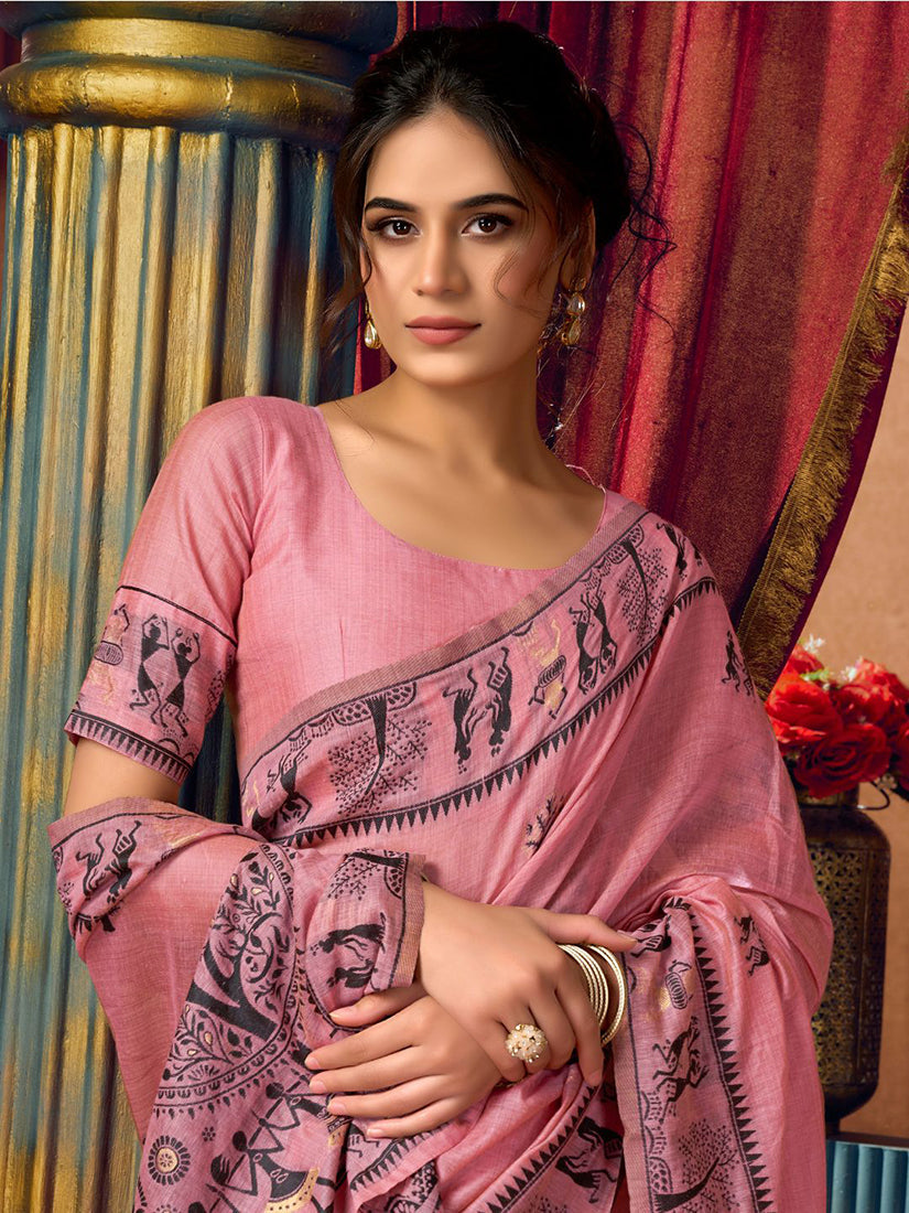 Monjolika Fashion Pink Cotton Blend Warli Work Saree with Unstitched Blouse | Grocsy