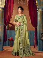 Monjolika Fashion Light Green Cotton Blend Warli Work Saree with Unstitched Blouse | Grocsy