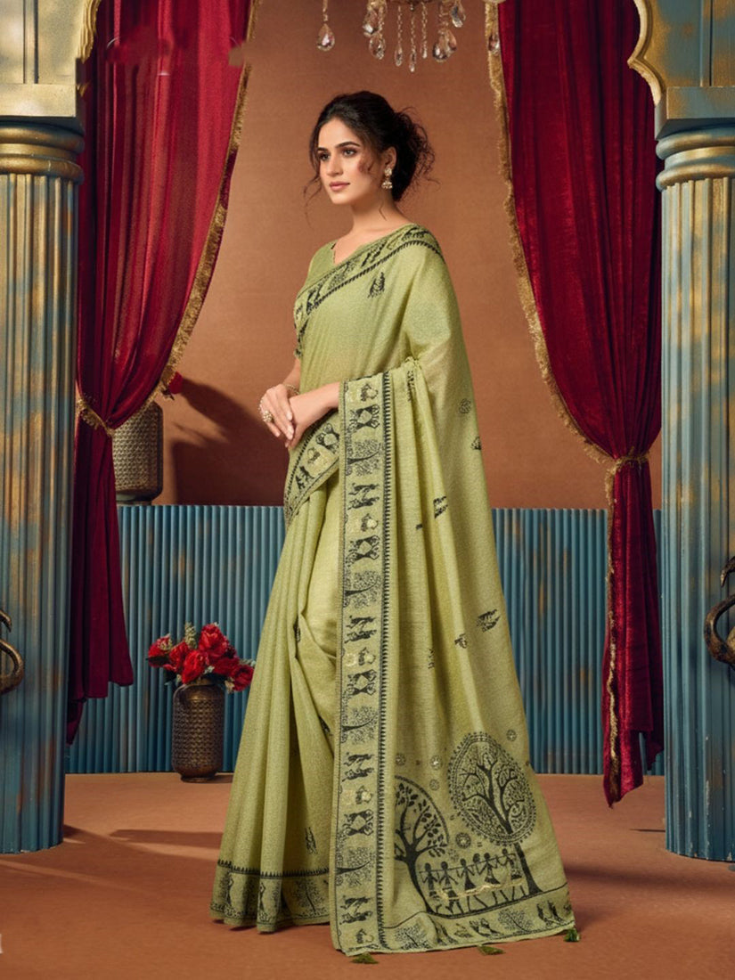 Monjolika Fashion Light Green Cotton Blend Warli Work Saree with Unstitched Blouse | Grocsy