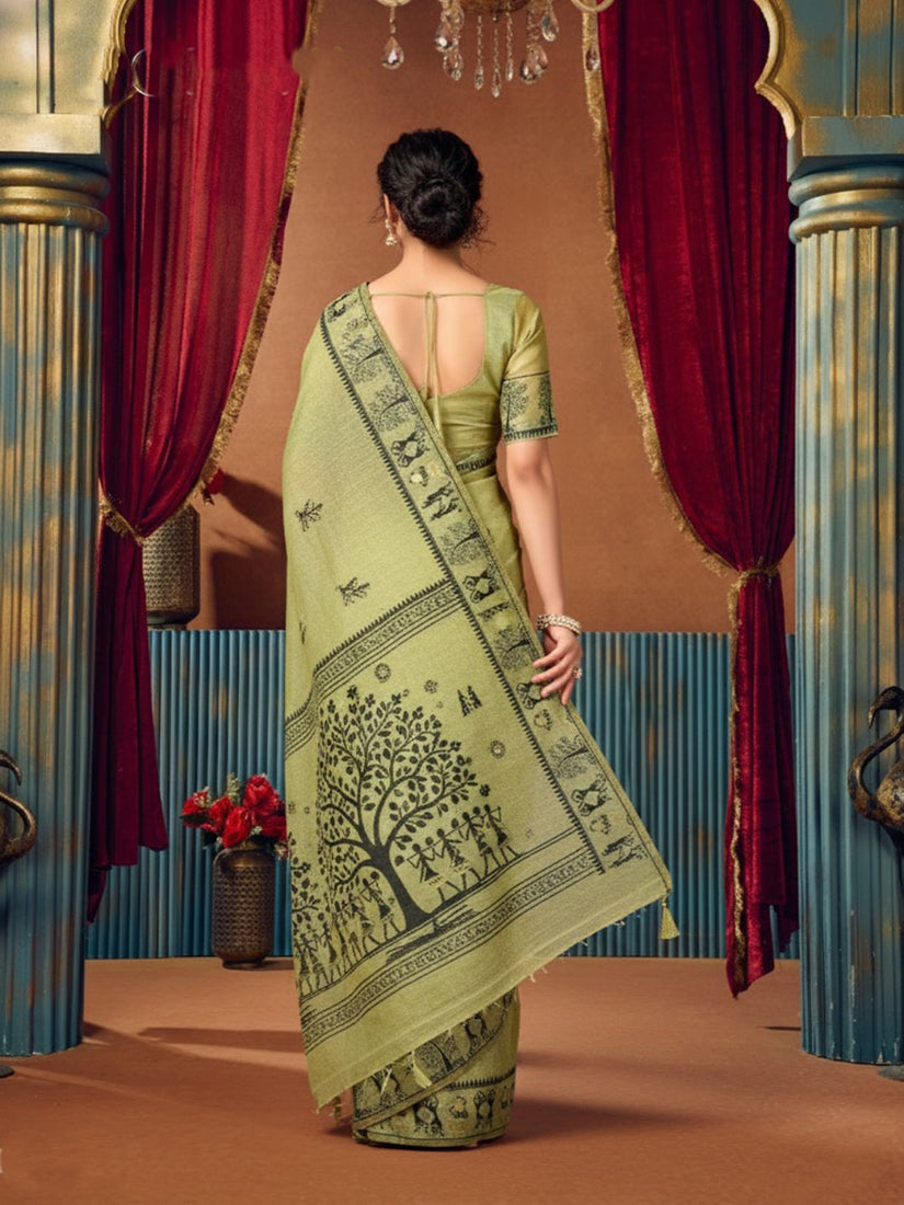 Monjolika Fashion Light Green Cotton Blend Warli Work Saree with Unstitched Blouse | Grocsy