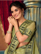 Monjolika Fashion Light Green Cotton Blend Warli Work Saree with Unstitched Blouse | Grocsy