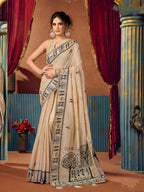 Monjolika Fashion Beige Cotton Blend Warli Work Saree with Unstitched Blouse | Grocsy