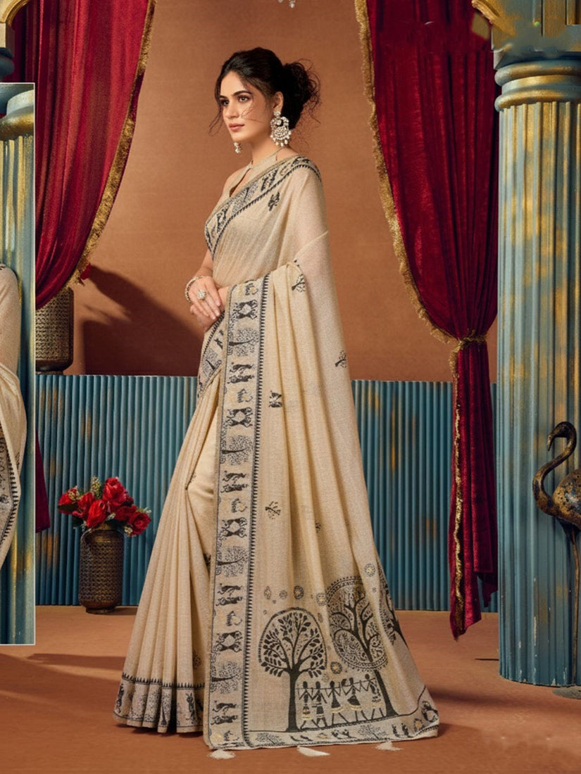 Monjolika Fashion Beige Cotton Blend Warli Work Saree with Unstitched Blouse | Grocsy