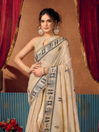 Monjolika Fashion Beige Cotton Blend Warli Work Saree with Unstitched Blouse | Grocsy