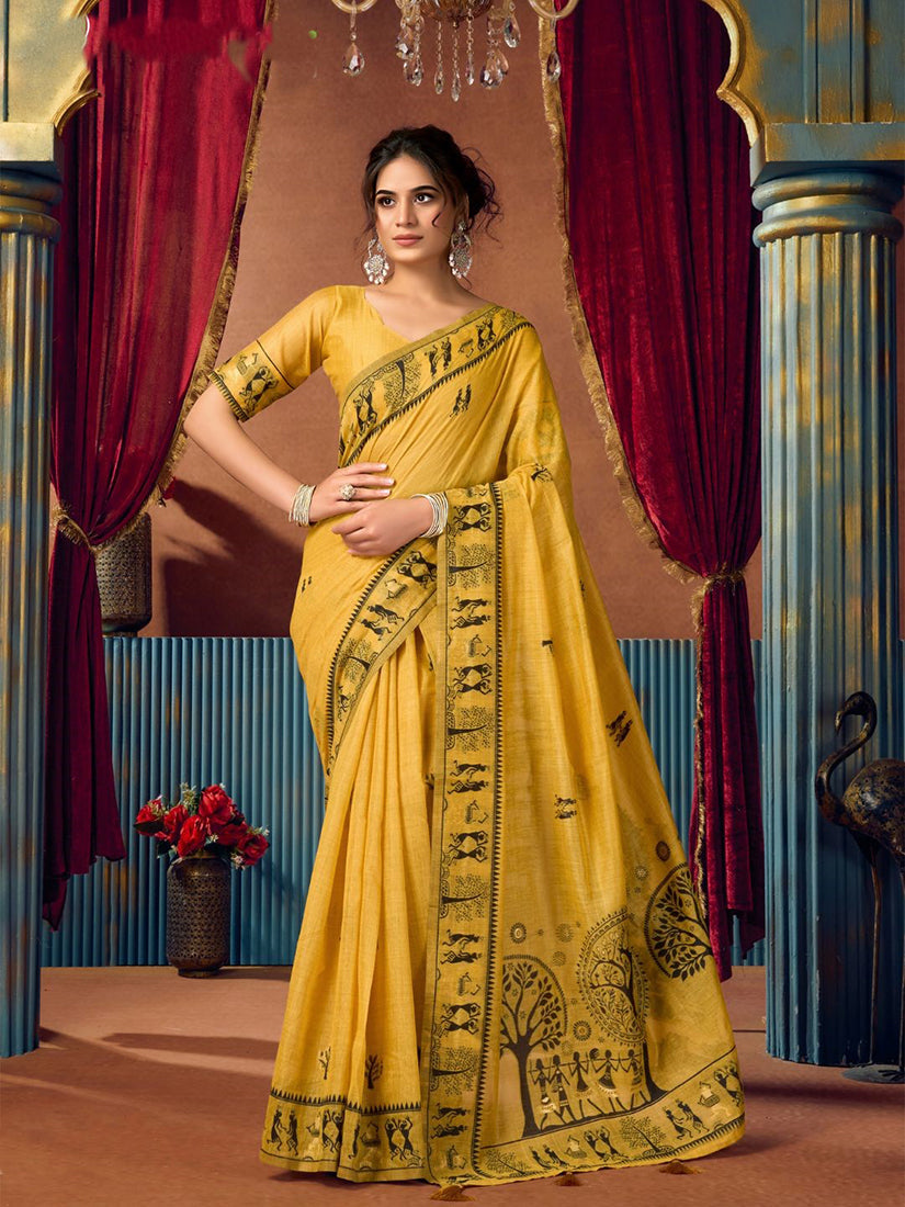 Monjolika Fashion Mustard Cotton Blend Warli Work Saree with Unstitched Blouse | Grocsy