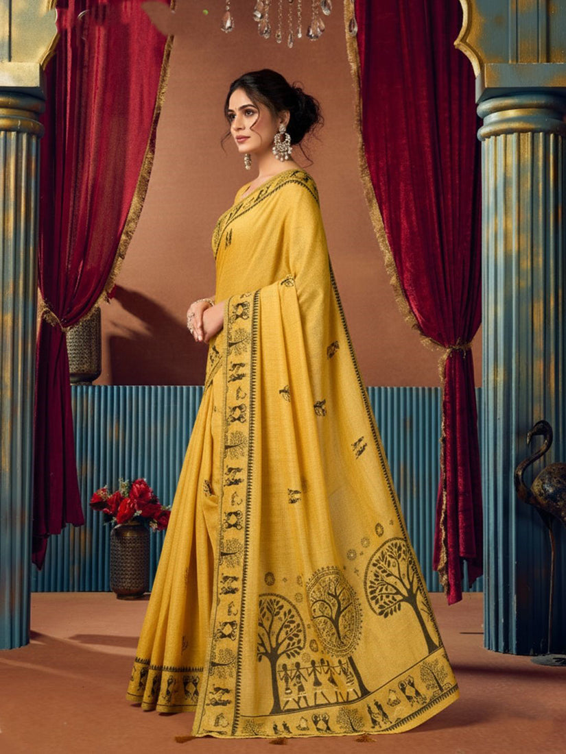 Monjolika Fashion Mustard Cotton Blend Warli Work Saree with Unstitched Blouse | Grocsy
