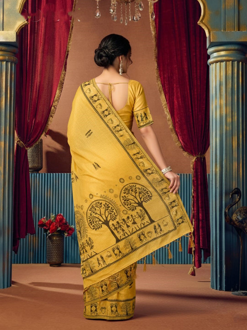Monjolika Fashion Mustard Cotton Blend Warli Work Saree with Unstitched Blouse | Grocsy