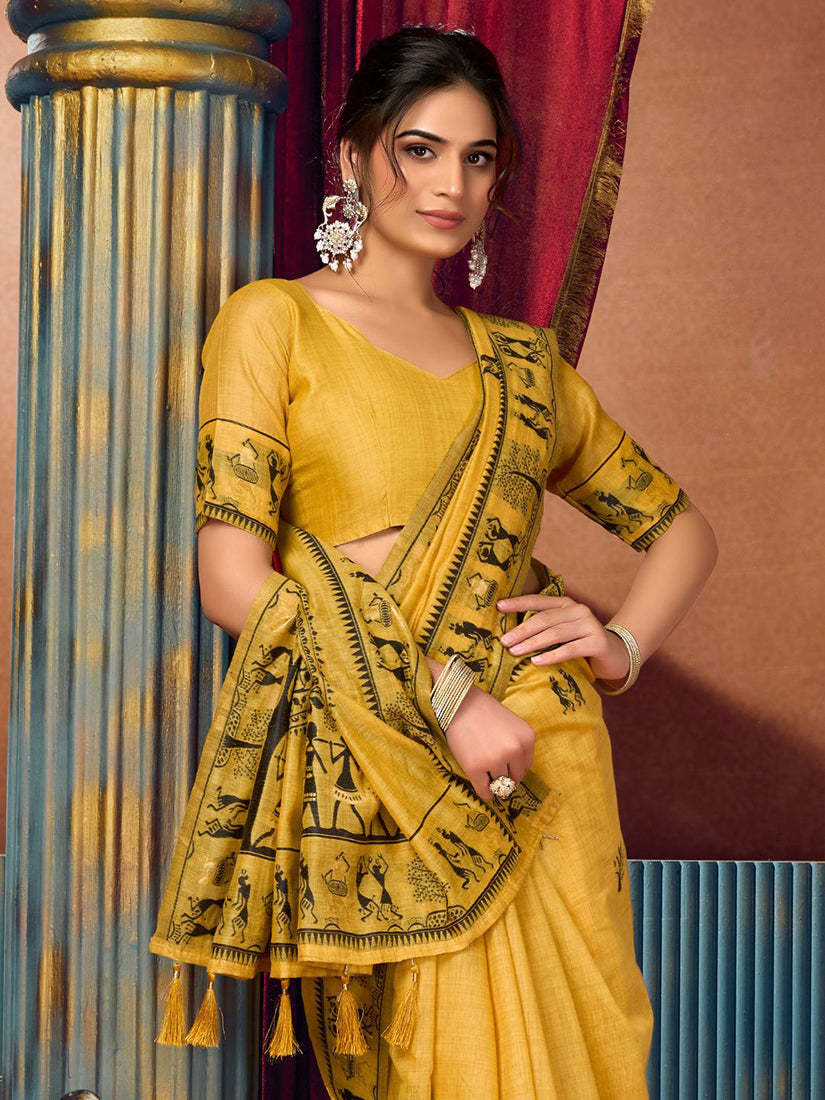 Monjolika Fashion Mustard Cotton Blend Warli Work Saree with Unstitched Blouse | Grocsy