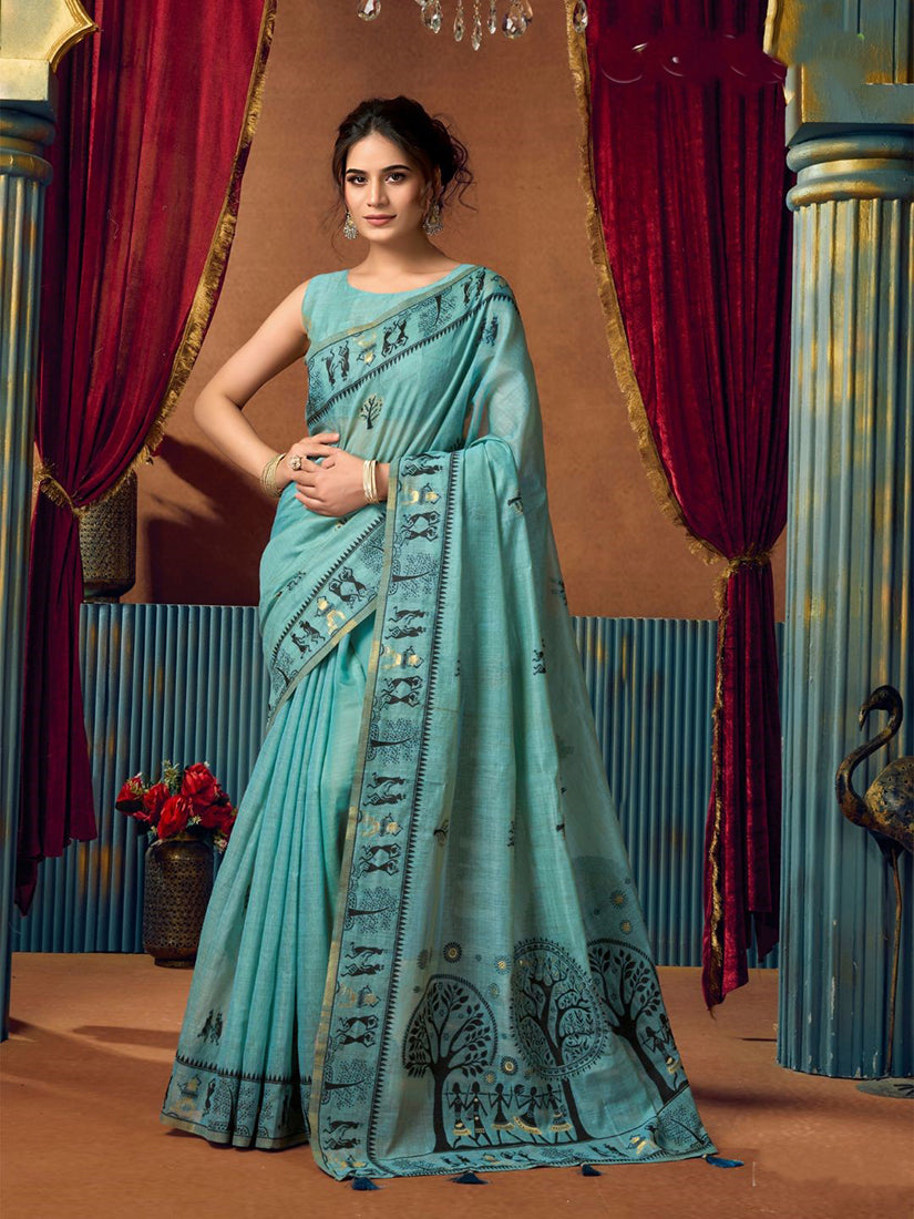 Monjolika Fashion Aqua Blue Cotton Blend Warli Work Saree with Unstitched Blouse | Grocsy