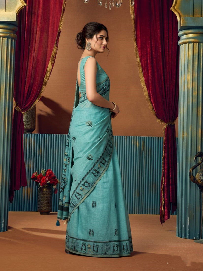 Monjolika Fashion Aqua Blue Cotton Blend Warli Work Saree with Unstitched Blouse | Grocsy