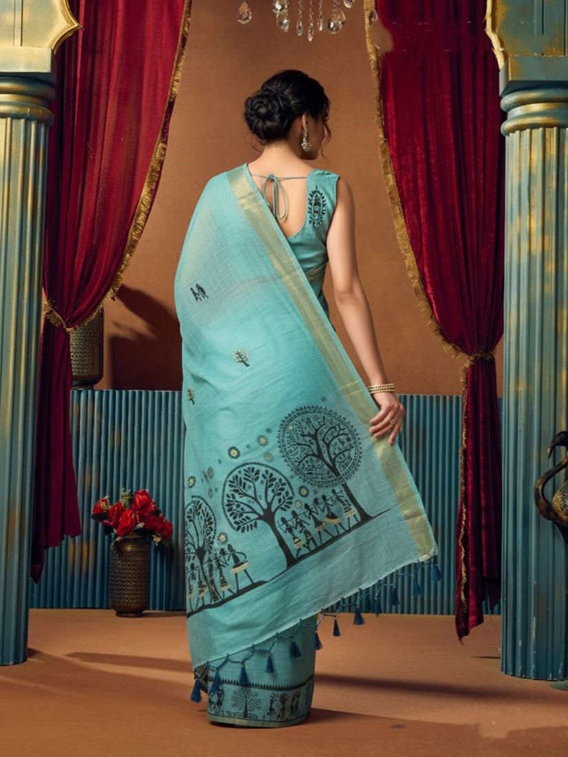 Monjolika Fashion Aqua Blue Cotton Blend Warli Work Saree with Unstitched Blouse | Grocsy