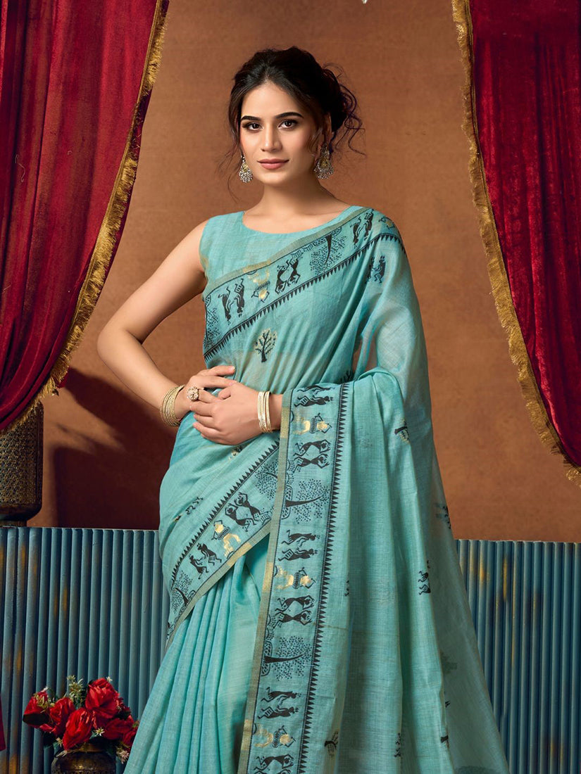 Monjolika Fashion Aqua Blue Cotton Blend Warli Work Saree with Unstitched Blouse | Grocsy