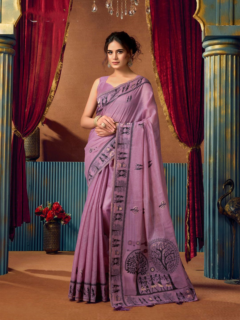 Monjolika Fashion Lavender Cotton Blend Warli Work Saree with Unstitched Blouse | Grocsy