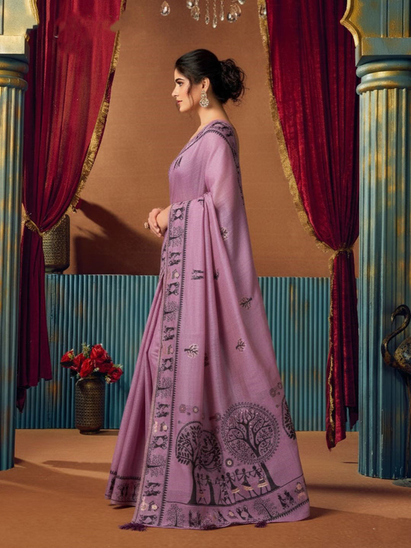 Monjolika Fashion Lavender Cotton Blend Warli Work Saree with Unstitched Blouse | Grocsy
