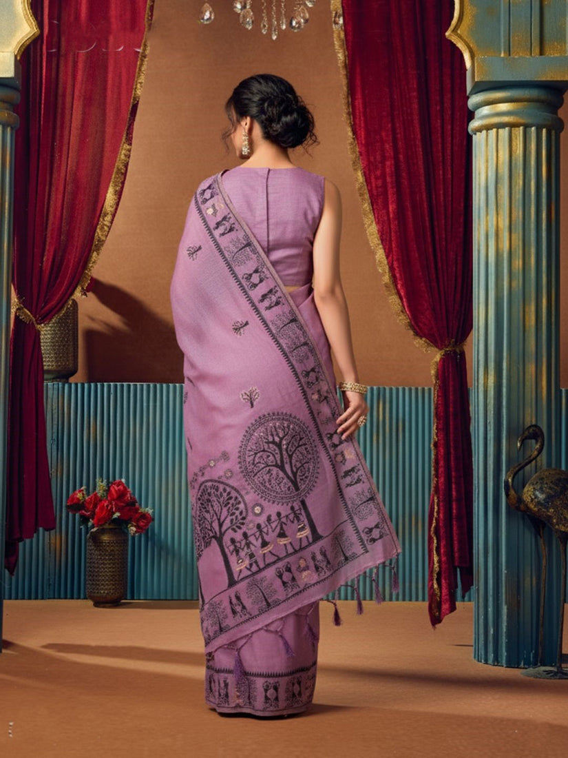Monjolika Fashion Lavender Cotton Blend Warli Work Saree with Unstitched Blouse | Grocsy