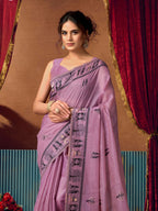 Monjolika Fashion Lavender Cotton Blend Warli Work Saree with Unstitched Blouse | Grocsy