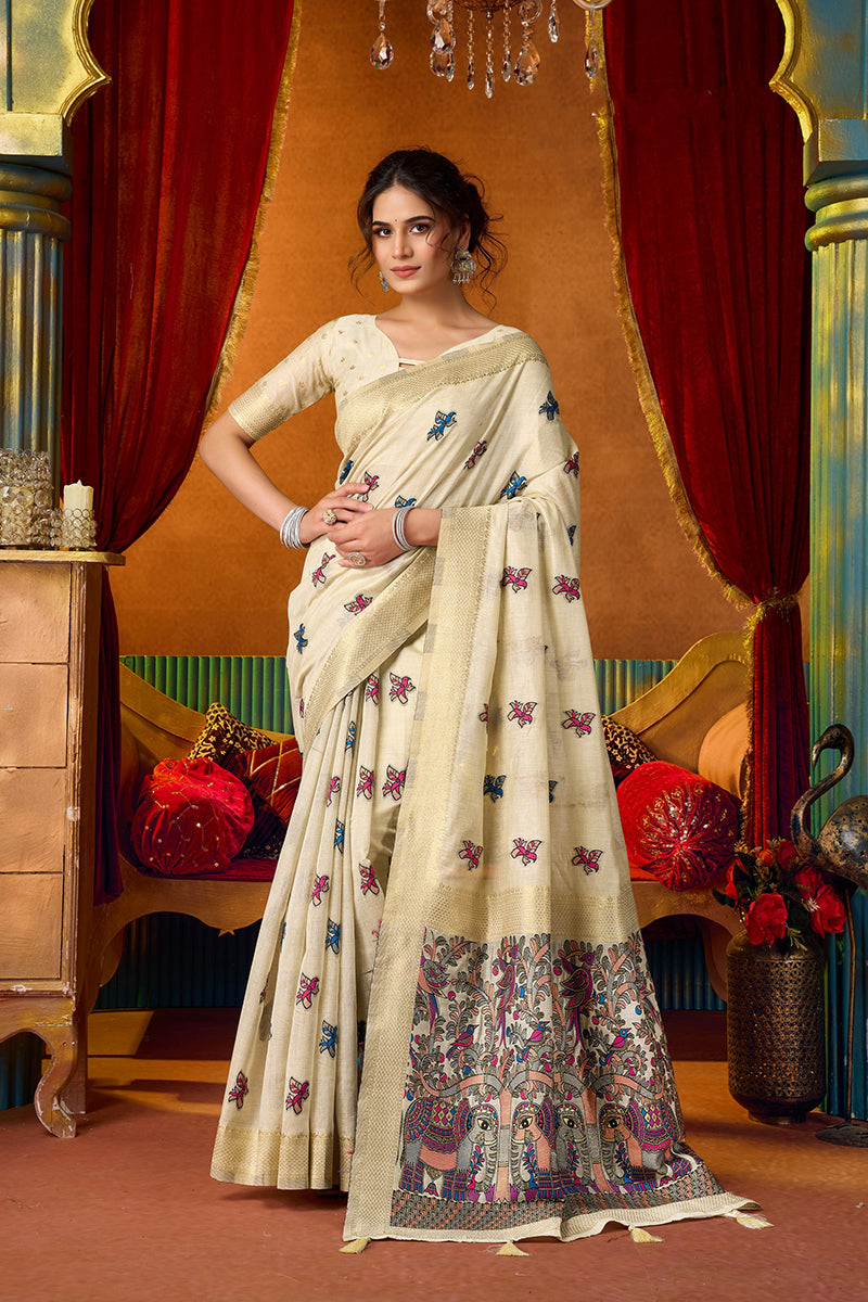 Monjolika Fashion Cream Cotton Blend Saree With Traditional Ethnic Motifs And Includes Blouse Piece | Grocsy