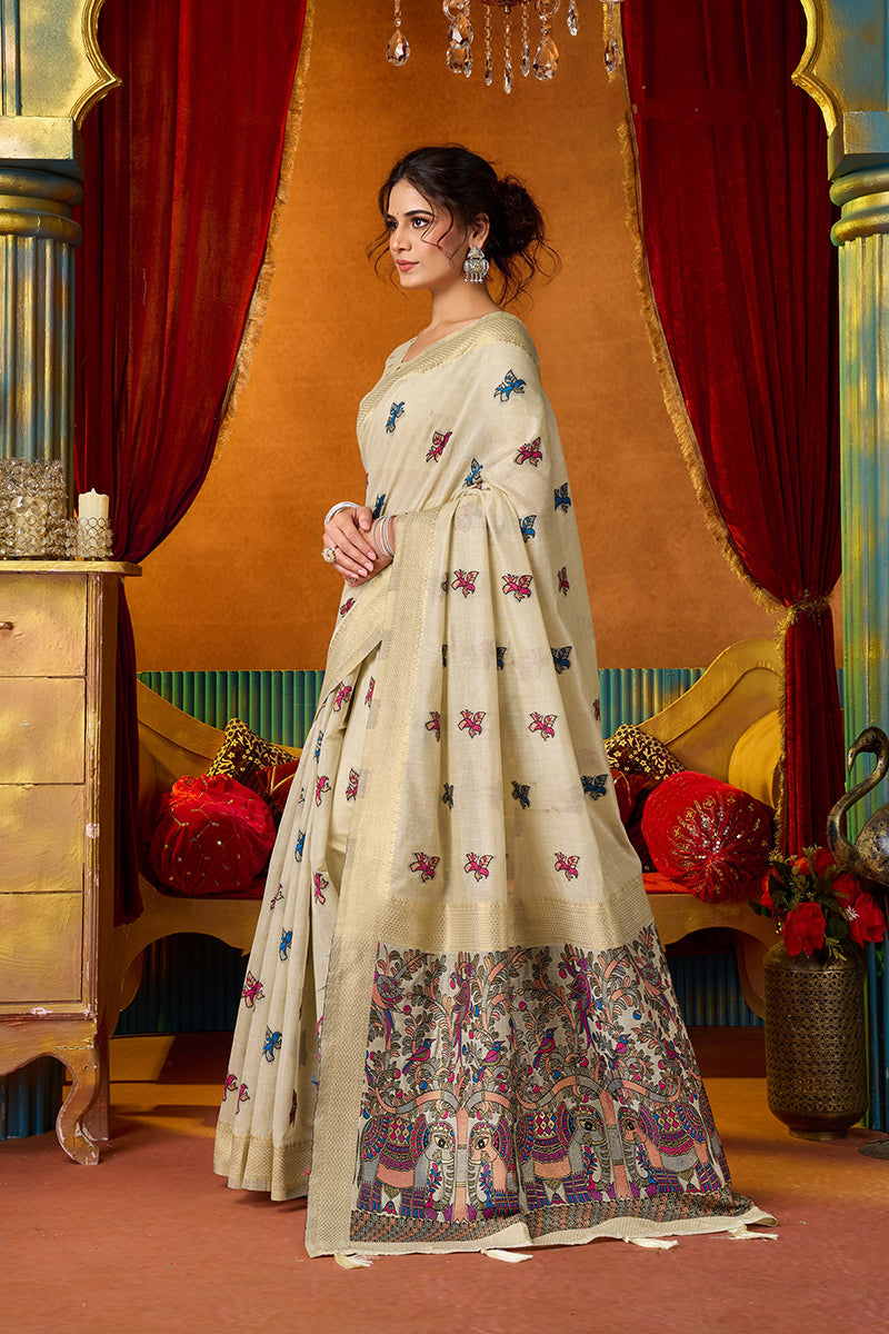 Monjolika Fashion Cream Cotton Blend Saree With Traditional Ethnic Motifs And Includes Blouse Piece | Grocsy