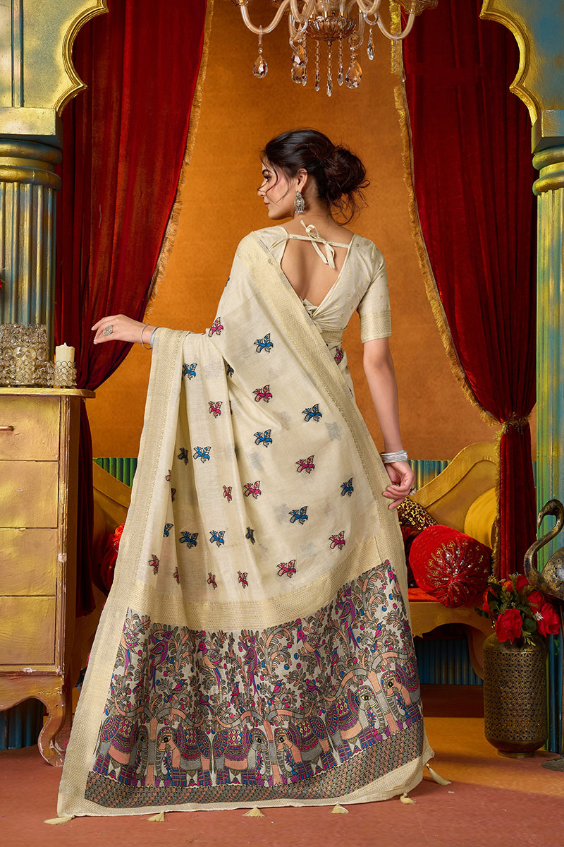 Monjolika Fashion Cream Cotton Blend Saree With Traditional Ethnic Motifs And Includes Blouse Piece | Grocsy