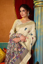 Monjolika Fashion Cream Cotton Blend Saree With Traditional Ethnic Motifs And Includes Blouse Piece | Grocsy