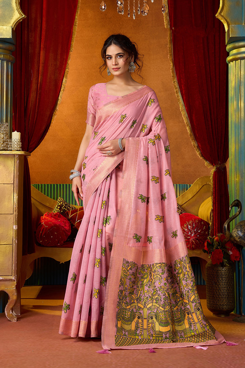 Monjolika Fashion Pink Cotton Blend Saree With Traditional Ethnic Motifs And Includes Blouse Piece | Grocsy