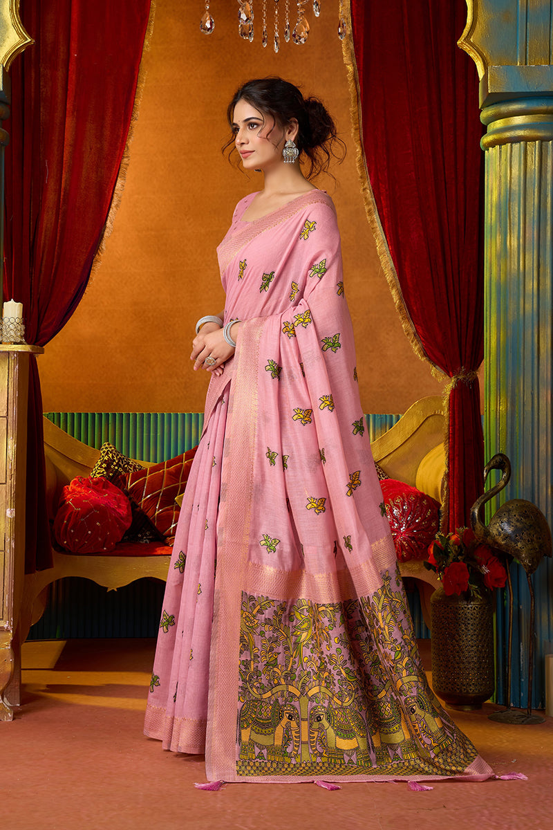 Monjolika Fashion Pink Cotton Blend Saree With Traditional Ethnic Motifs And Includes Blouse Piece | Grocsy