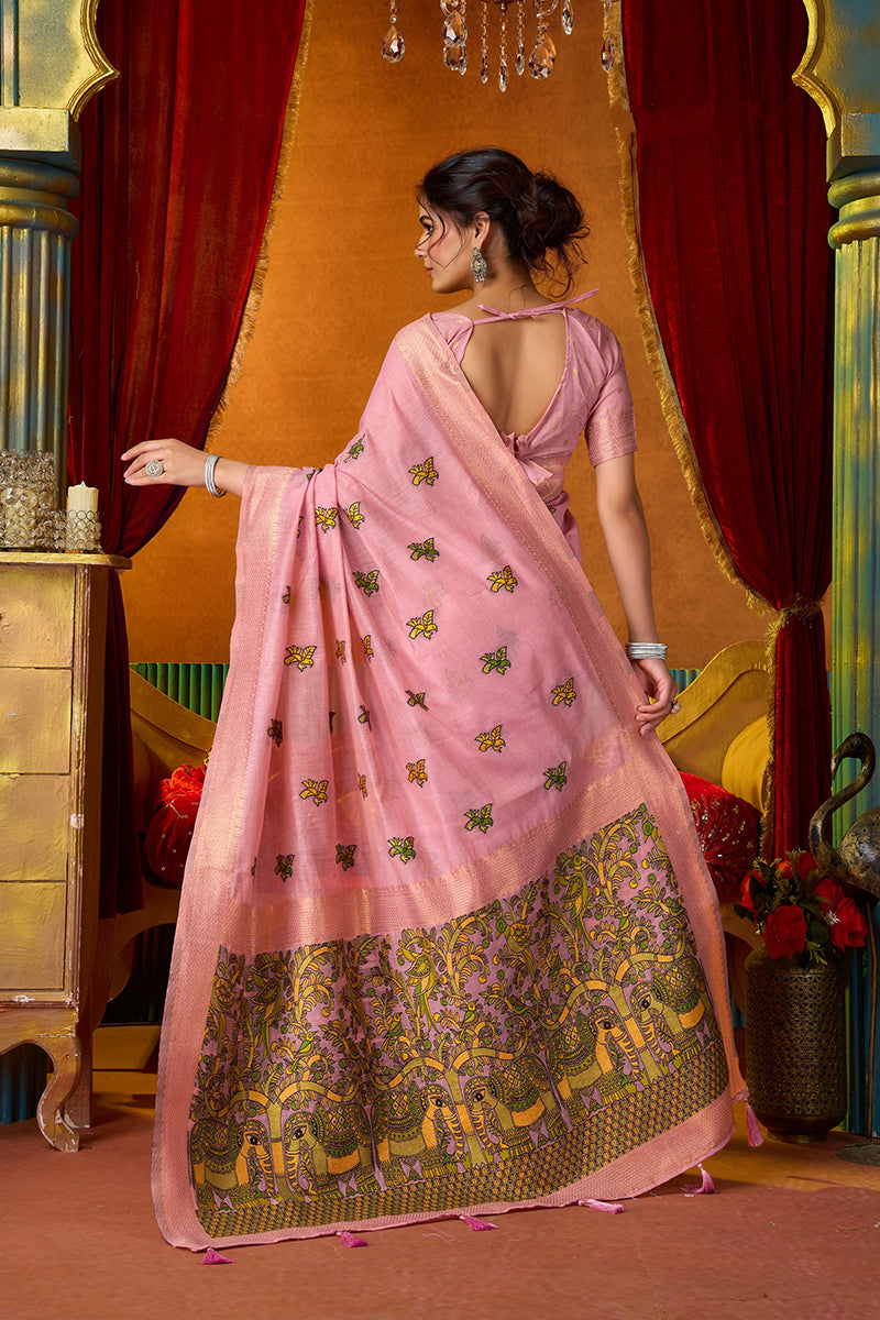 Monjolika Fashion Pink Cotton Blend Saree With Traditional Ethnic Motifs And Includes Blouse Piece | Grocsy