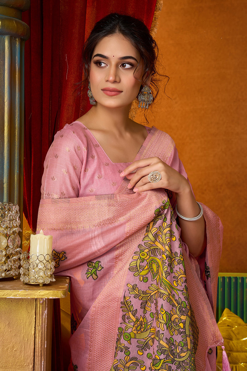 Monjolika Fashion Pink Cotton Blend Saree With Traditional Ethnic Motifs And Includes Blouse Piece | Grocsy