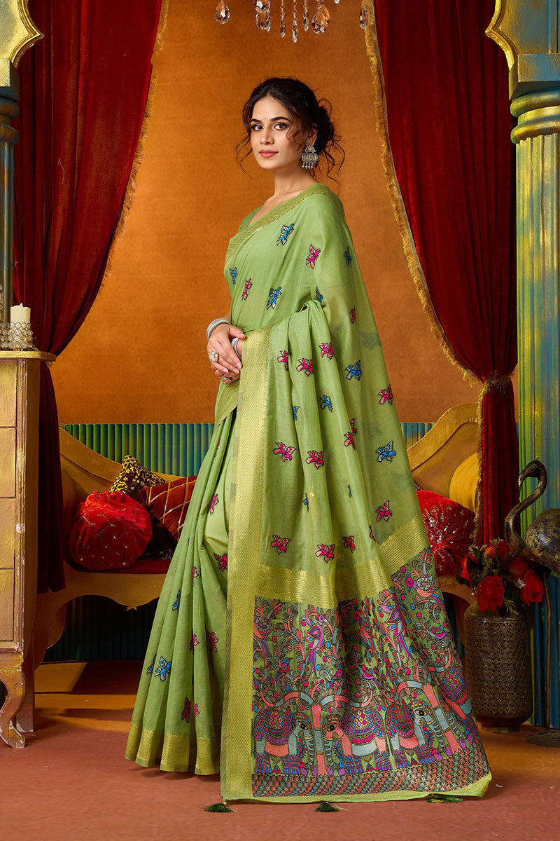 Monjolika Fashion Light Green Cotton Blend Saree With Traditional Ethnic Motifs And Includes Blouse Piece | Grocsy