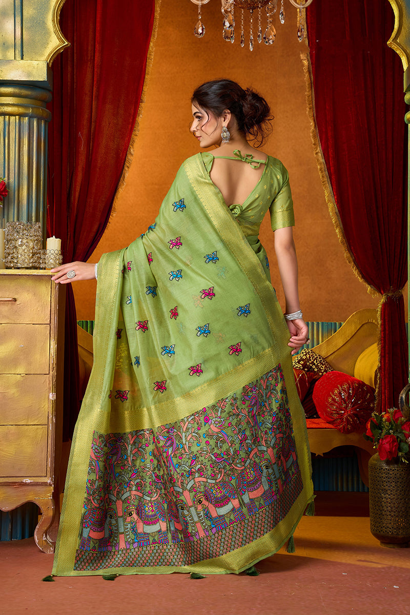Monjolika Fashion Light Green Cotton Blend Saree With Traditional Ethnic Motifs And Includes Blouse Piece | Grocsy