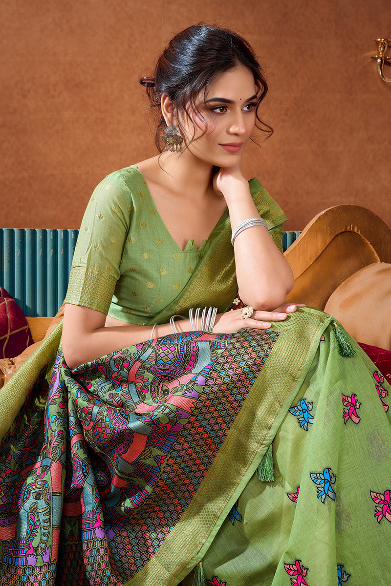 Monjolika Fashion Light Green Cotton Blend Saree With Traditional Ethnic Motifs And Includes Blouse Piece | Grocsy