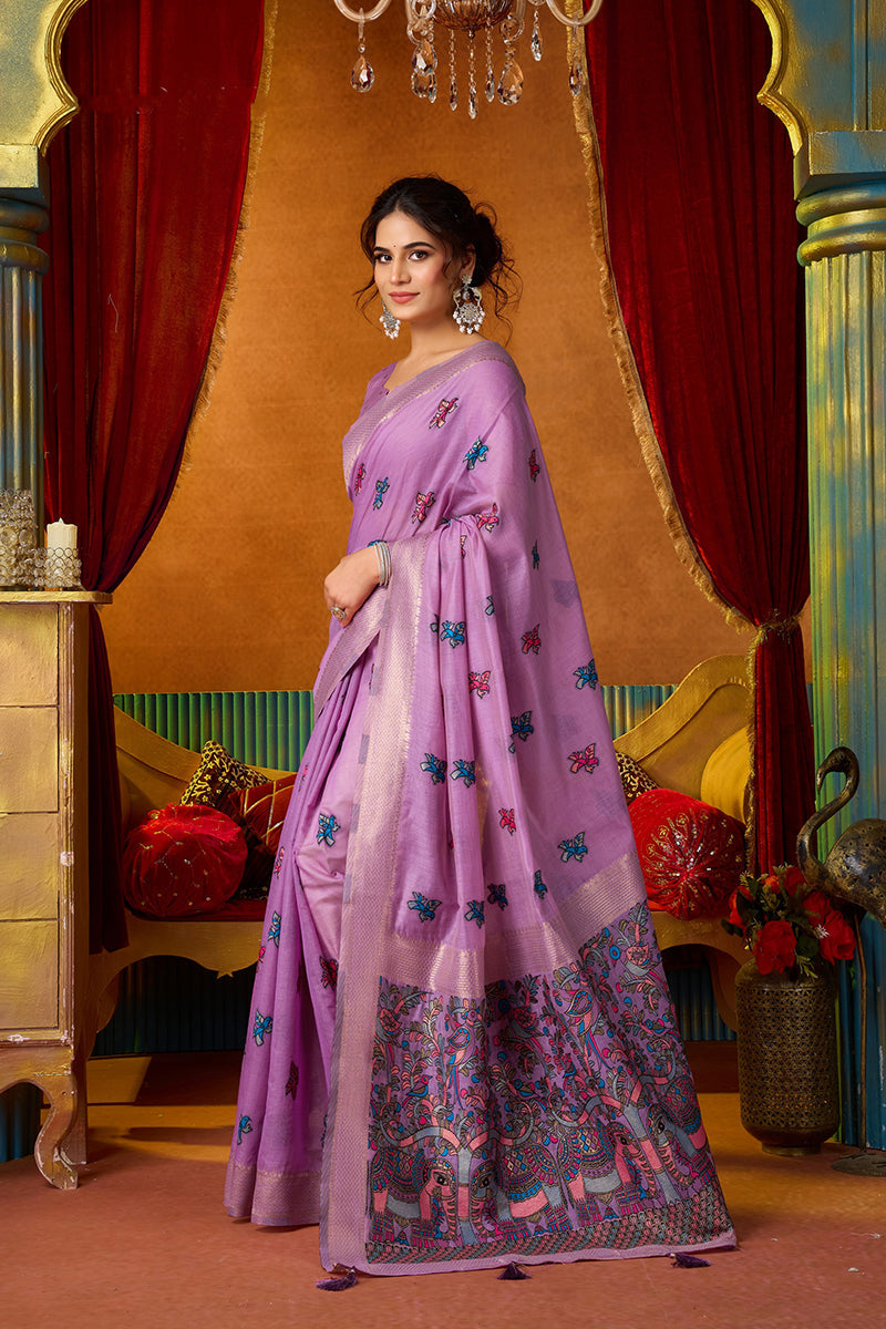 Monjolika Fashion Lavender Cotton Blend Saree With Traditional Ethnic Motifs And Includes Blouse Piece | Grocsy