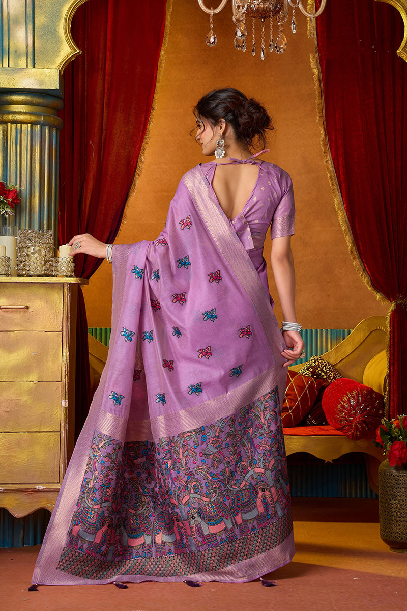 Monjolika Fashion Lavender Cotton Blend Saree With Traditional Ethnic Motifs And Includes Blouse Piece | Grocsy