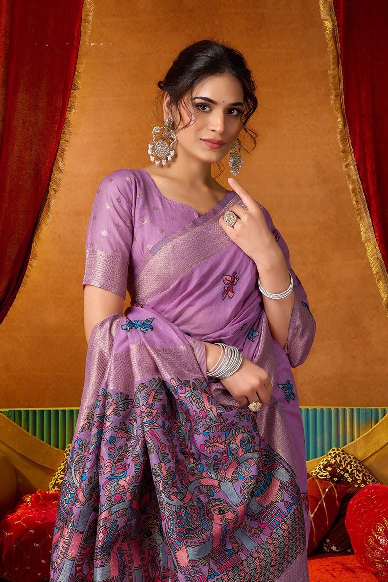 Monjolika Fashion Lavender Cotton Blend Saree With Traditional Ethnic Motifs And Includes Blouse Piece | Grocsy