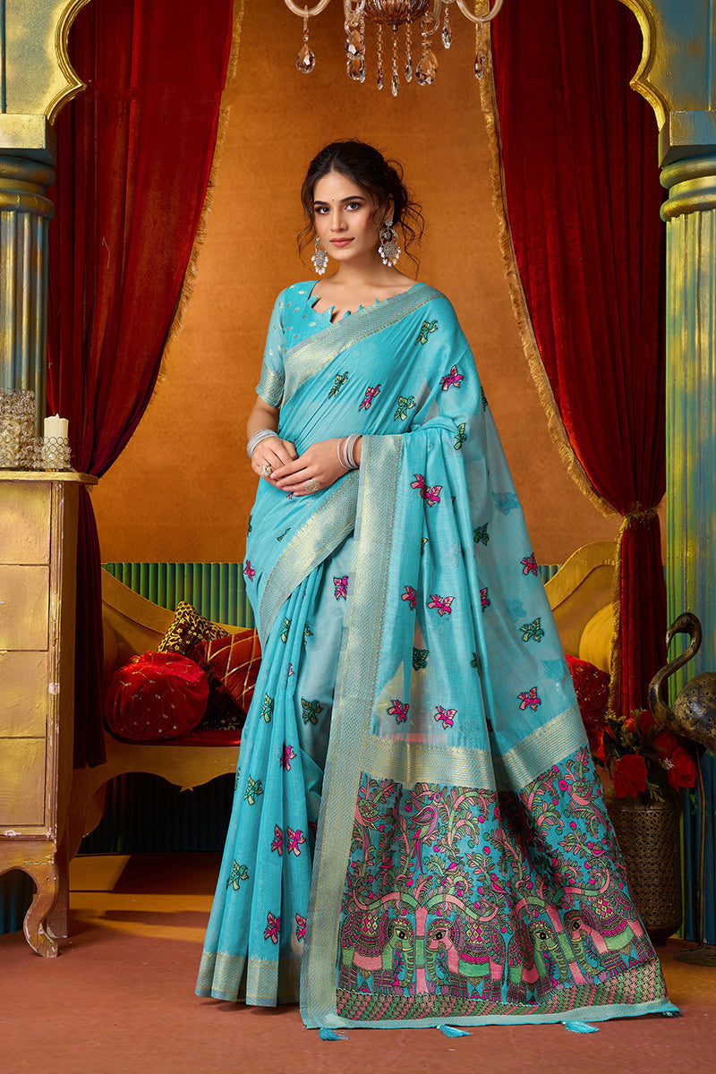 Monjolika Fashion Sky Blue Cotton Blend Saree With Traditional Ethnic Motifs And Includes Blouse Piece | Grocsy