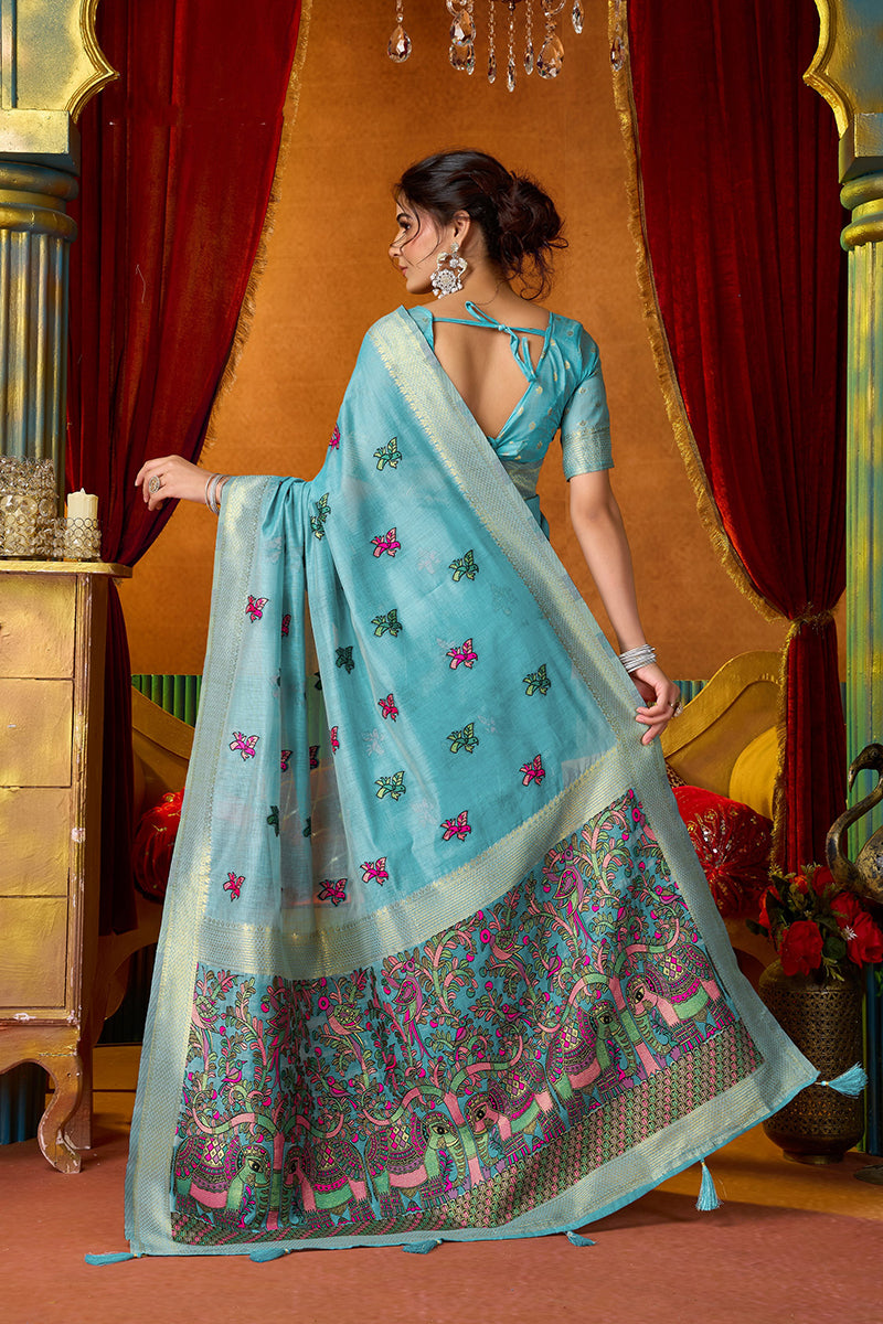 Monjolika Fashion Sky Blue Cotton Blend Saree With Traditional Ethnic Motifs And Includes Blouse Piece | Grocsy