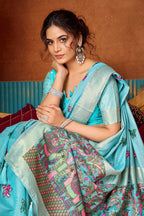 Monjolika Fashion Sky Blue Cotton Blend Saree With Traditional Ethnic Motifs And Includes Blouse Piece | Grocsy
