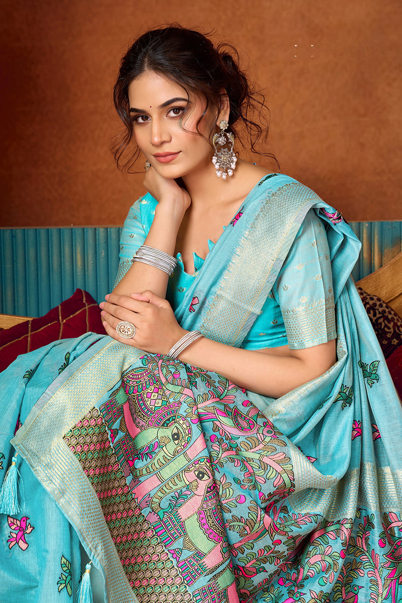 Monjolika Fashion Sky Blue Cotton Blend Saree With Traditional Ethnic Motifs And Includes Blouse Piece | Grocsy