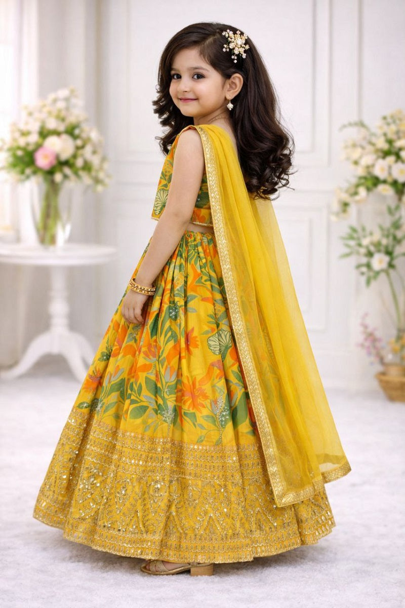 Evanik Yellow Georgette Digital Printed Wedding Kids Lehenga Choli | Grocsy