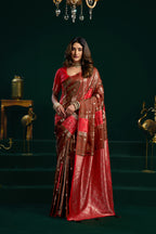 Monjolika Fashion Dark Brown Soft Banarasi Silk Blend Zari Weaving Saree With Blouse Piece | Grocsy